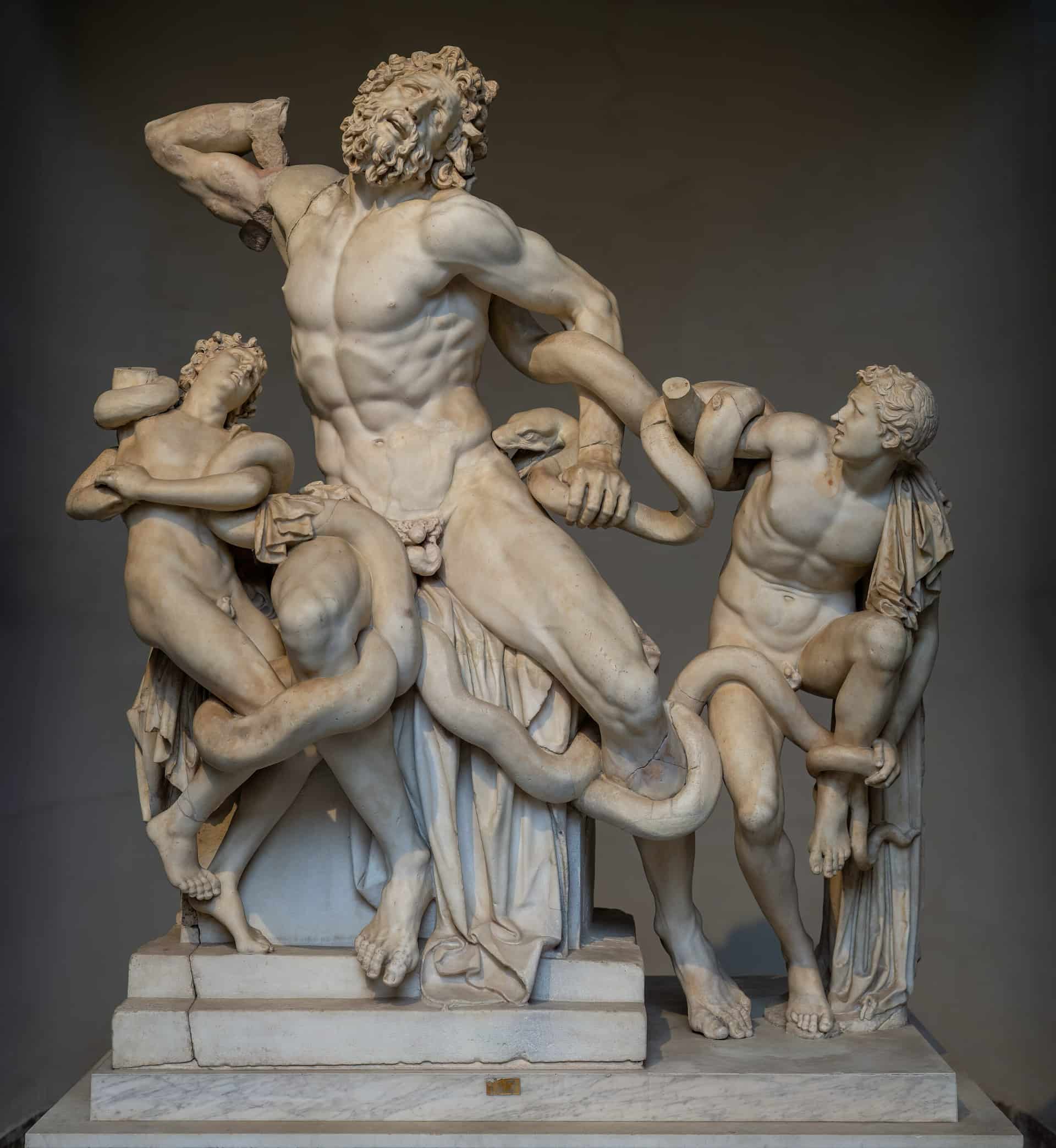Michelangelo began Saint Matthew shortly after seeing the ancient Laocoön and His Sons, unearthed in Rome in 1506. Its dramatic ‘twist-and-pull’ movement, tense musculature and sense of struggle echo through Michelangelo’s own unfinished figure.