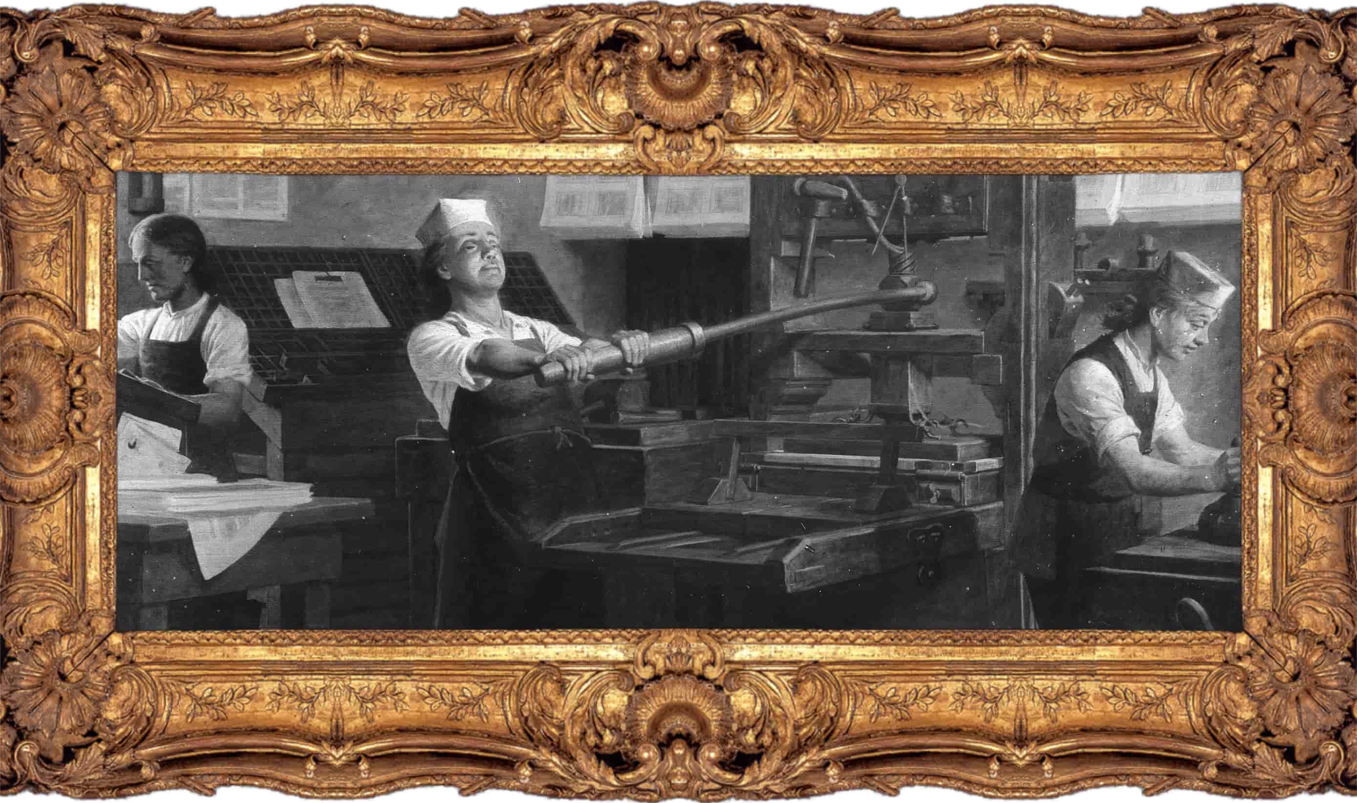 Franklin (center) at work on a printing press in a painting published by the Detroit Publishing Company in c. 1914 © Public domain
