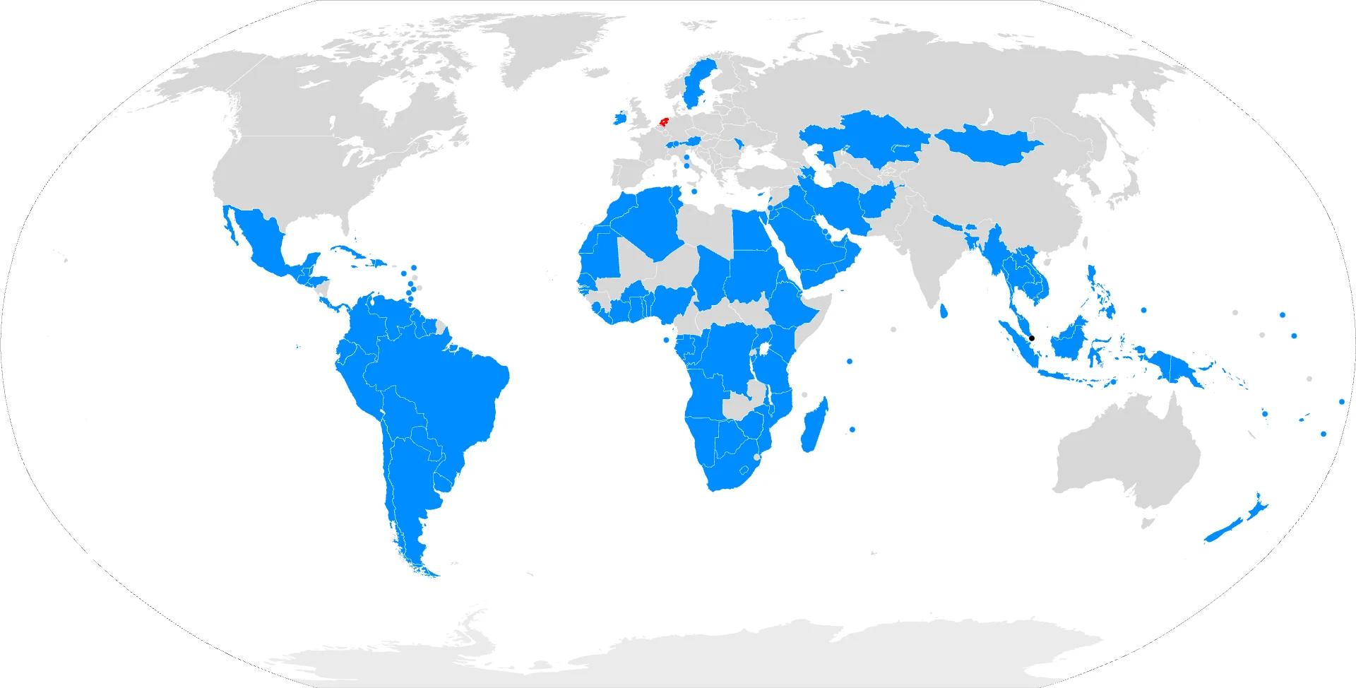 Vote on the final draft of the Treaty on the Prohibition of Nuclear Weapons, 7 July 2017. Blue voted yes, red voted no, black abstained, and grey did not vote. Photo by NordNordWest © CC BY-SA 3.0 de